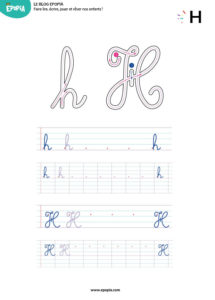 Lettre H en majuscule, minuscule, cursive attaché et script