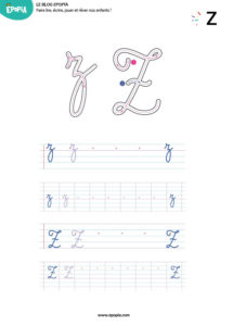 Lettre Z en majuscule, minuscule, cursive attaché et script